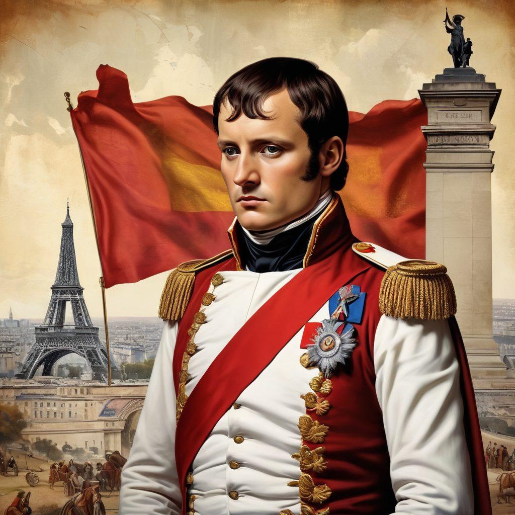 A striking portrayal of Napoleon Bonaparte, depicted in a dramatic pose, surrounded by historical symbols of his era, such as cannons and maps. The background features iconic landmarks like the Arc de Triomphe, symbolizing his lasting impact on France. Incorporate elements representing revolution and leadership, like a broken chain and a raised flag. The color palette should include rich golds and deep reds to signify power and legacy. super-realistic. vibrant colors. historical essence.
