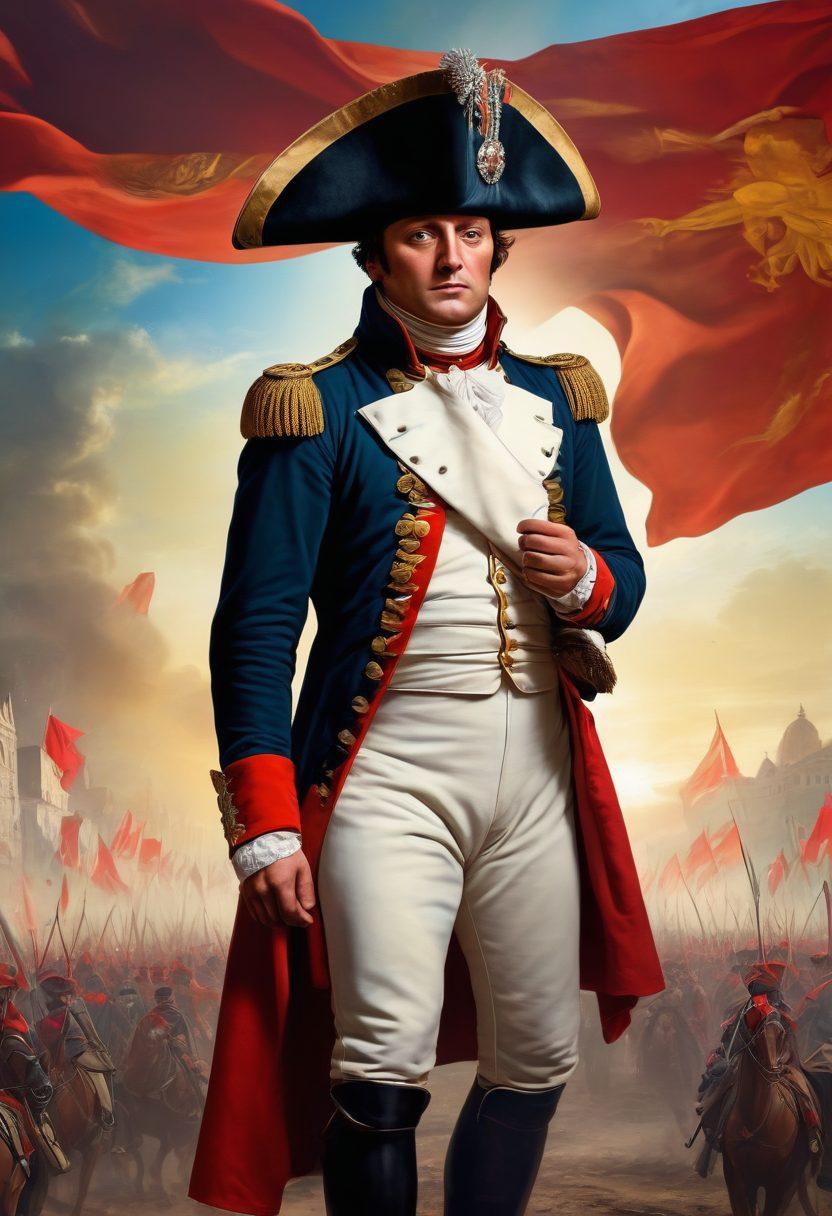 A dramatic scene of a historical battlefield featuring Napoleon Bonaparte in his iconic hat, leading troops with vibrant banners fluttering in the wind. Background elements include shadowy outlines of European landmarks to signify his impact, while a map of Europe overlays the scene, illustrating military strategy. The atmosphere is charged with energy, emphasizing ambition and legacy. super-realistic. vibrant colors. dramatic lighting.