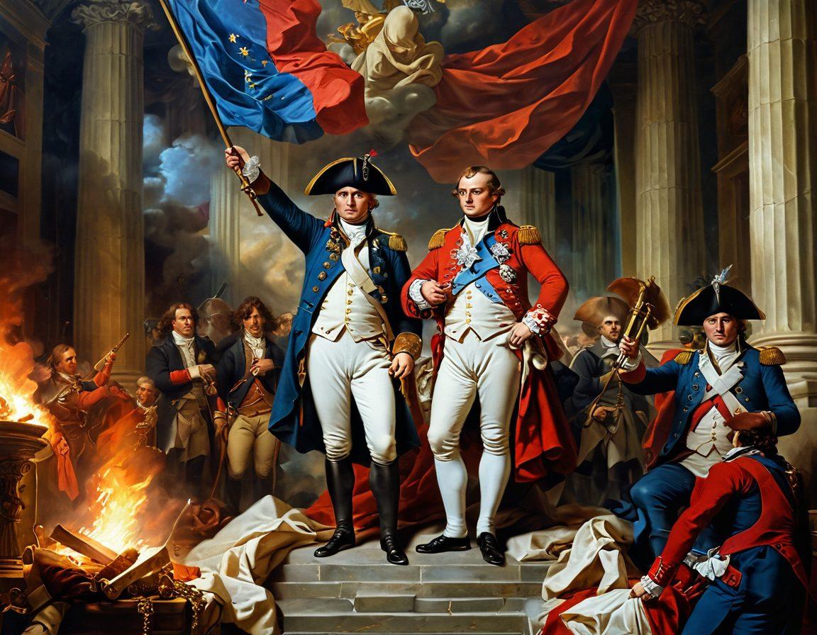 A dramatic representation of the French Revolution with stormy skies over a crowd wielding banners and torches, juxtaposed with a serene image of Napoleon drafting the Napoleonic Code in a grand, opulent room. Include symbolic elements like a broken chain, scales of justice, and map of Europe in the background. The colors should reflect the clash between chaos and order, emphasizing both turmoil and enlightenment. painting. vibrant colors. historical style.
